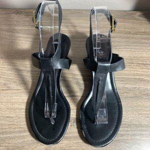 RALPH LAUREN Black Leather Thong Buckle Sandals